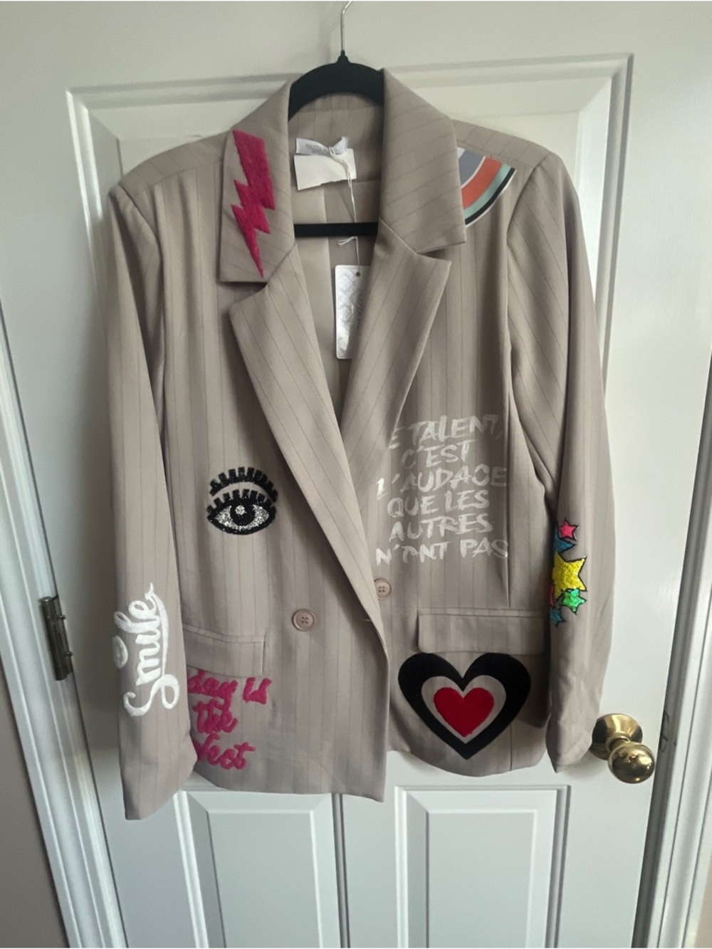 Beige Embroidered Pinstripe Blazer with Graphic Patches